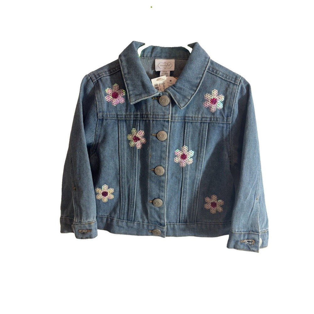 Mud Pie Babydreams Girls 12-18M Blue Denim Sequin Daisy Button Jacket